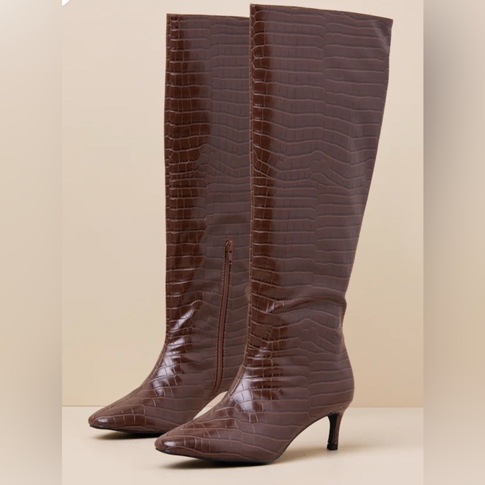 Lulus Rohmer Chocolate Croc-Embossed Over-the-Knee Boots